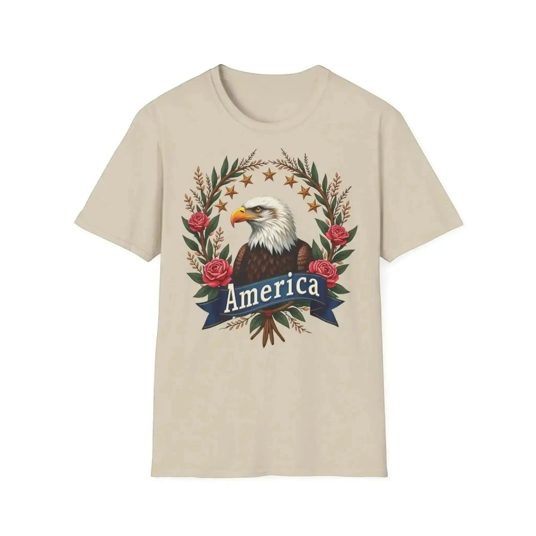 KlareAnsage T-Shirt in Beige aus Baumwolle mit floralem American Eagle Motiv und America Schriftzug