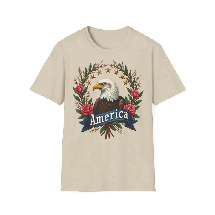 KlareAnsage T-Shirt in Beige aus Baumwolle mit floralem American Eagle Motiv und America Schriftzug