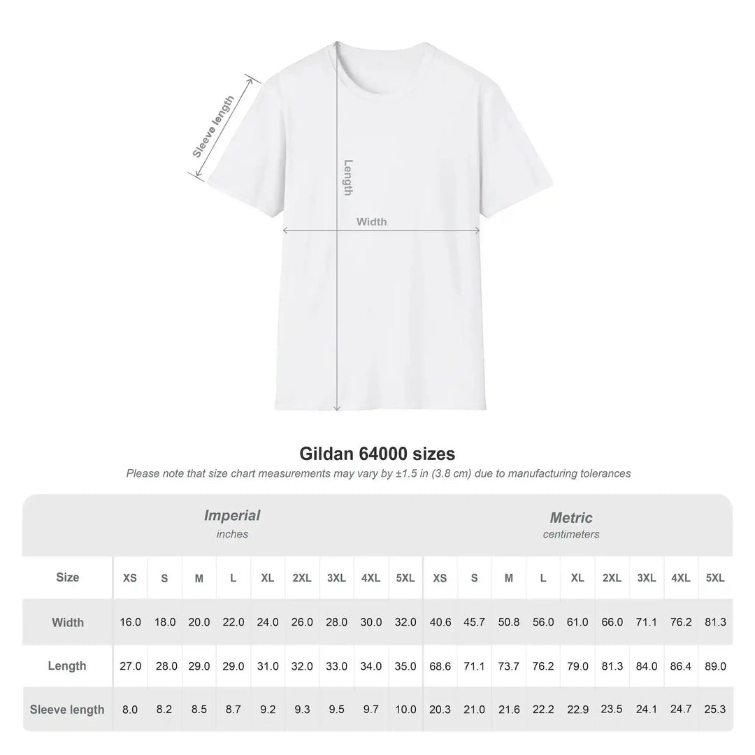 KlareAnsage Gildan 64000 Größentabelle für T-Shirts mit Maßangaben in Zoll und Zentimetern für verschiedene Größen