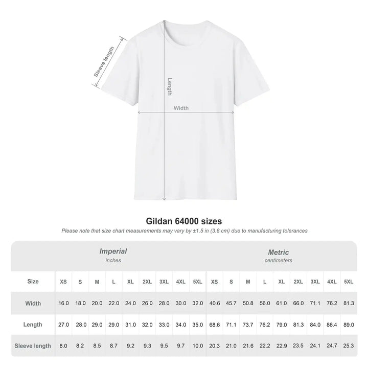KlareAnsage Gildan 64000 Größentabelle für T-Shirts mit Maßangaben in Zoll und Zentimetern für verschiedene Größen