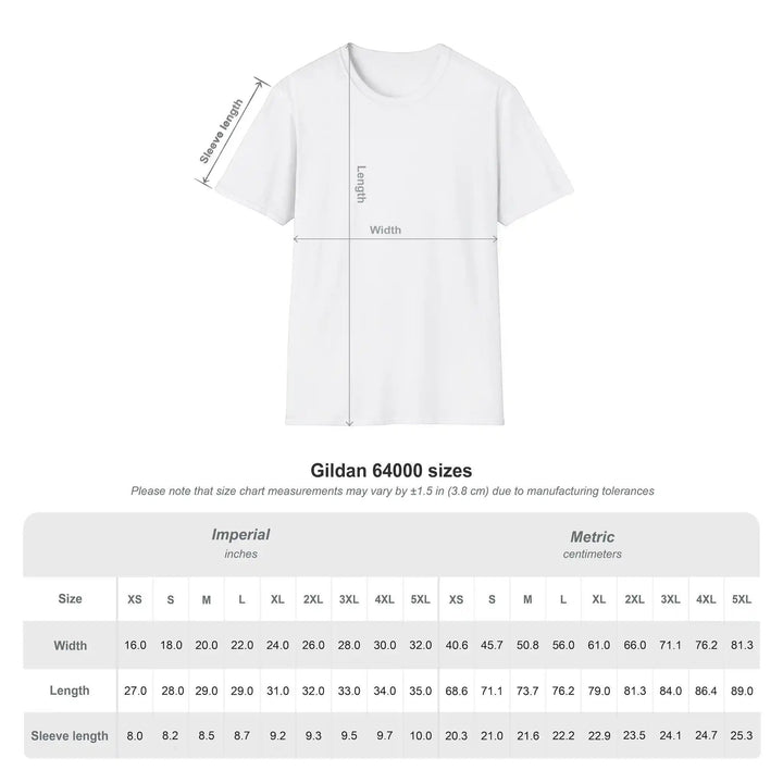 KlareAnsage Größentabelle für Gildan 64000 T-Shirt mit Maßen in Zoll und Zentimetern für verschiedene Größen