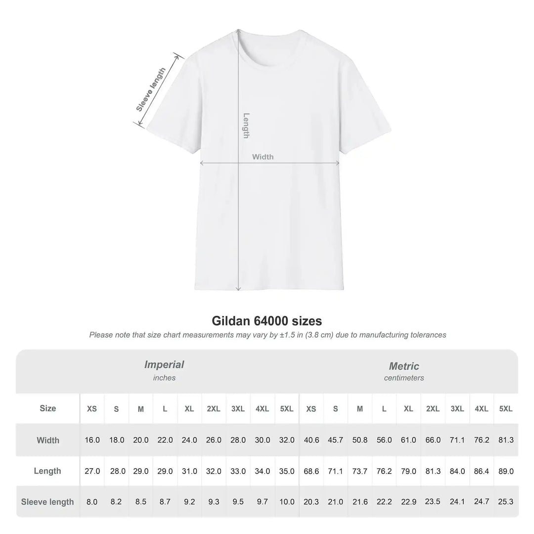 Größentabelle für das Gildan-64000-T-Shirt mit Maßangaben in Zoll und Zentimetern für die Größen XS bis 5XL.