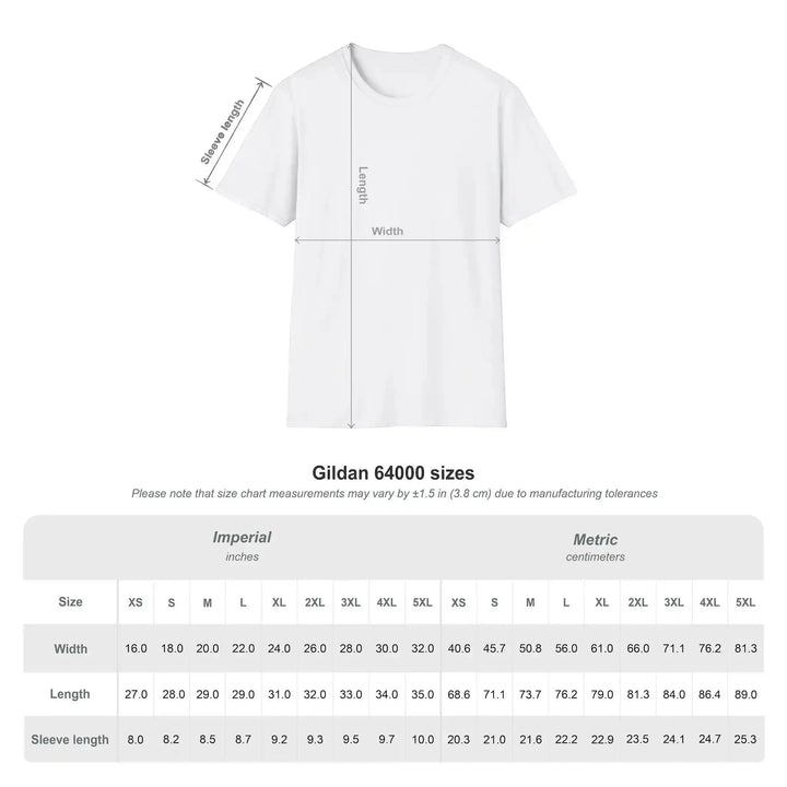 Größentabelle für das Gildan-64000-T-Shirt mit Maßangaben in Zoll und Zentimetern für die Größen XS bis 5XL.
