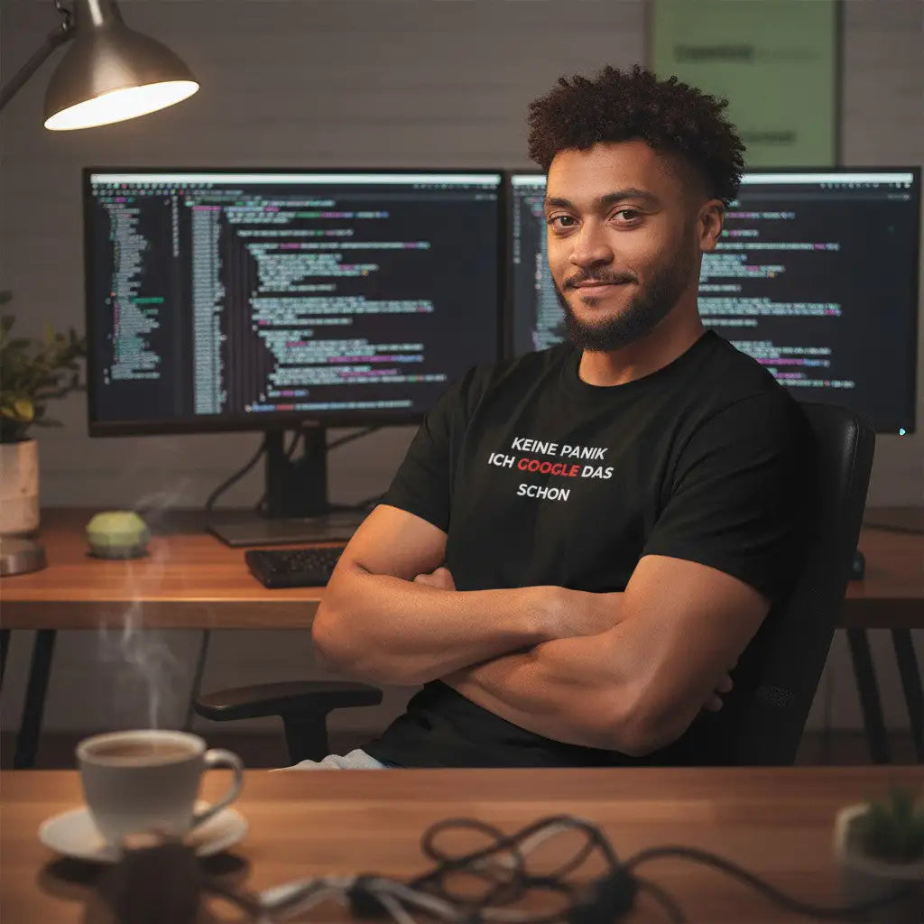 Mann sitzt im Homeoffice vor zwei Monitoren und trägt schwarzes T-Shirt mit Aufdruck „Keine Panik ich google das schon“