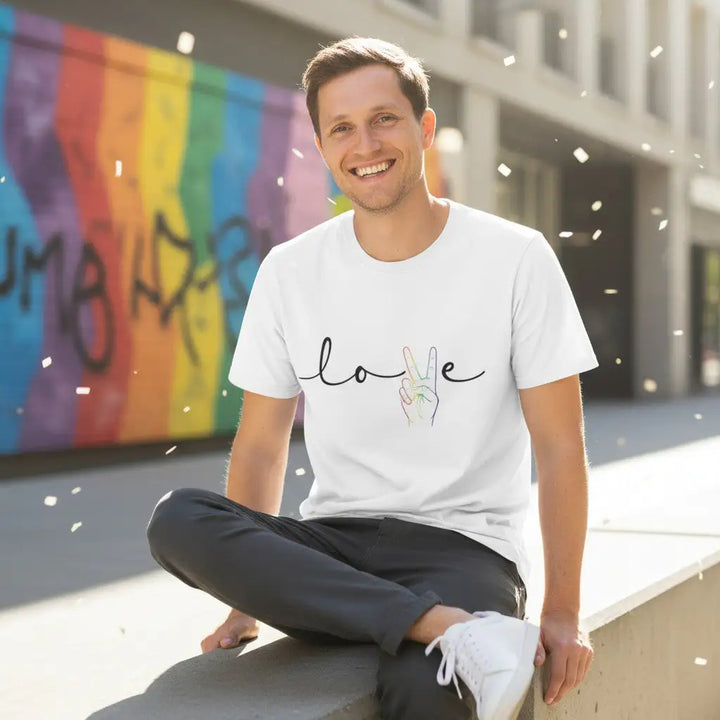 KlareAnsage Love Peace T-Shirt in Weiß mit Regenbogen-Hand-Motiv, getragen von einem lächelnden Mann vor einer Wand.