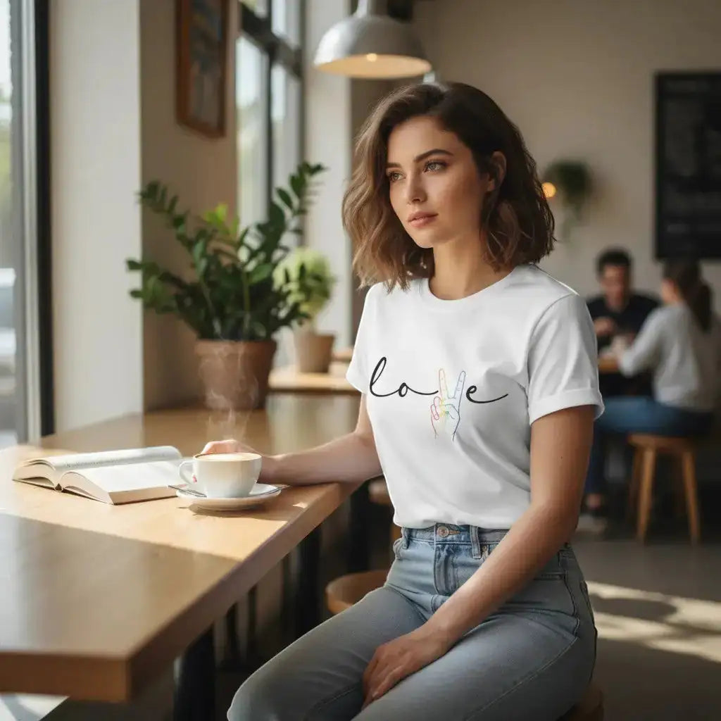 KlareAnsage Love Peace T-Shirt in Weiß mit Regenbogen-Hand-Motiv an einer Frau in einem gemütlichen Café