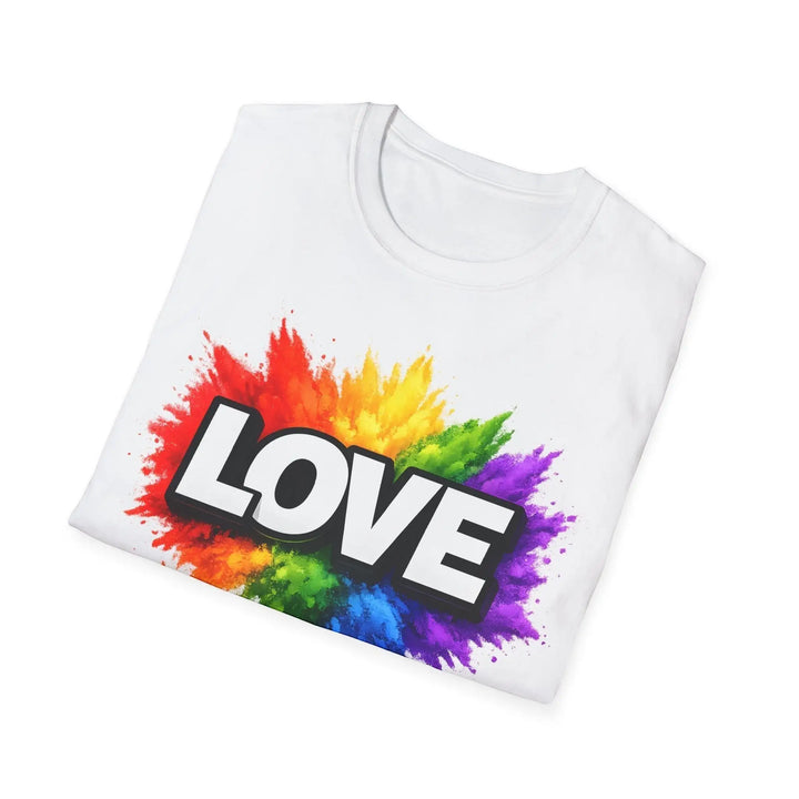 KlareAnsage weißes Unisex T-Shirt mit LOVE Schriftzug und buntem Regenbogen-Farbspritzer-Print auf der Brust