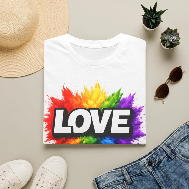 KlareAnsage Unisex T-Shirt in Weiß mit buntem LOVE Regenbogen-Print auf der Brust, flach gelegt mit Accessoires.