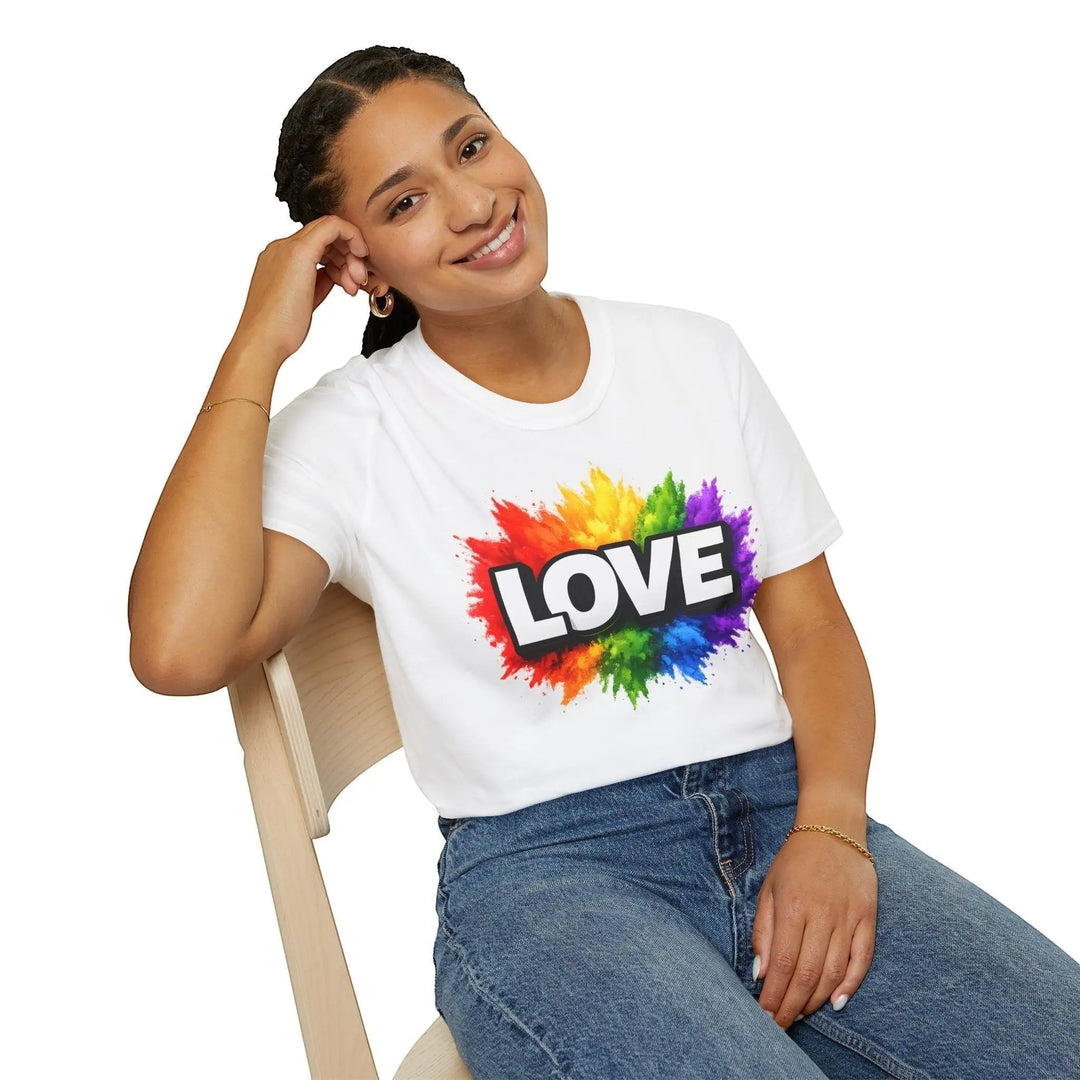 KlareAnsage Unisex T-Shirt in Weiß mit LOVE Regenbogen-Print auf der Brust, getragen von einer lächelnden Frau.