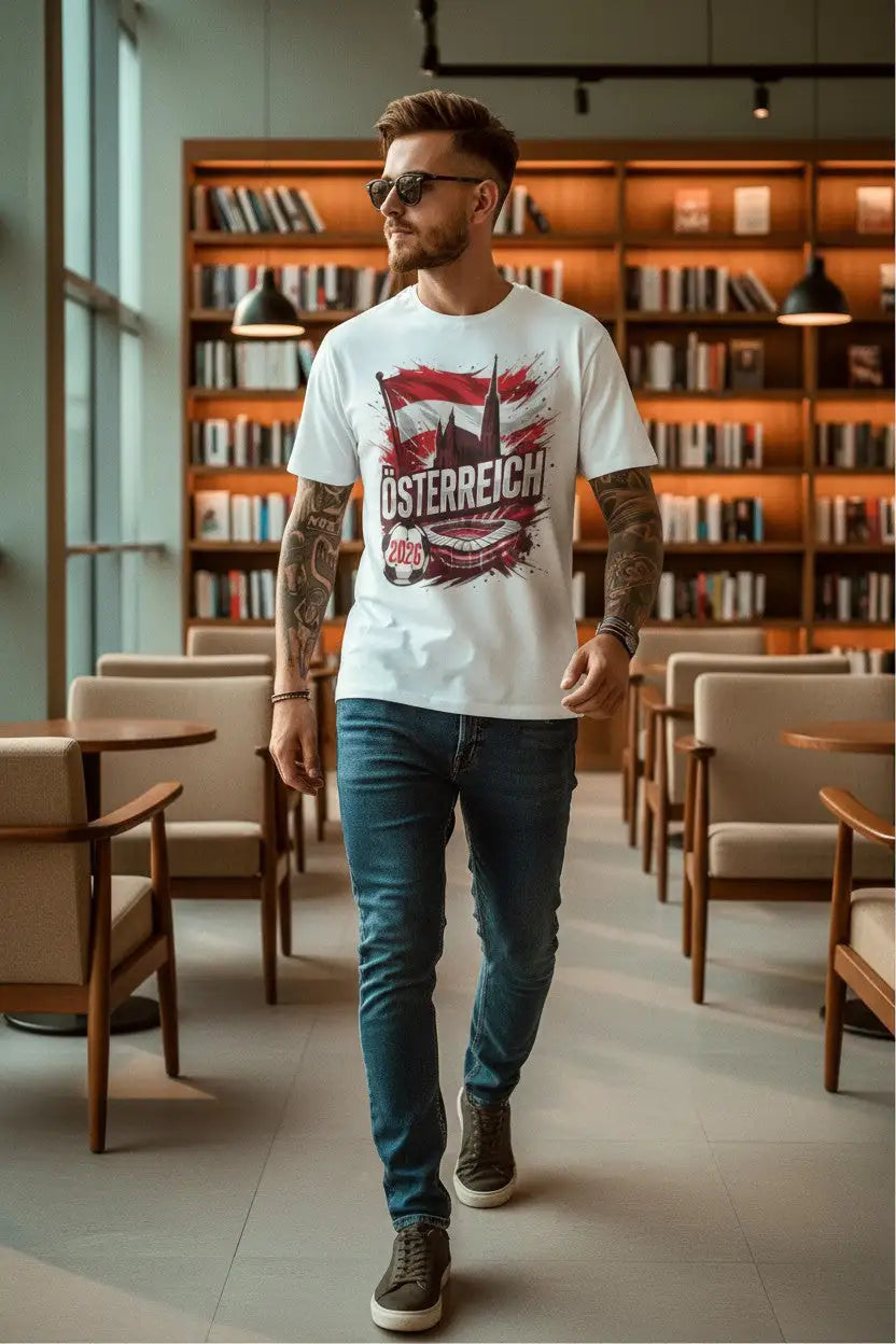 KlareAnsage Österreich Fan Shirt 2026 mit Fußball-Motiv, getragen von einem Mann in einer Bibliothek
