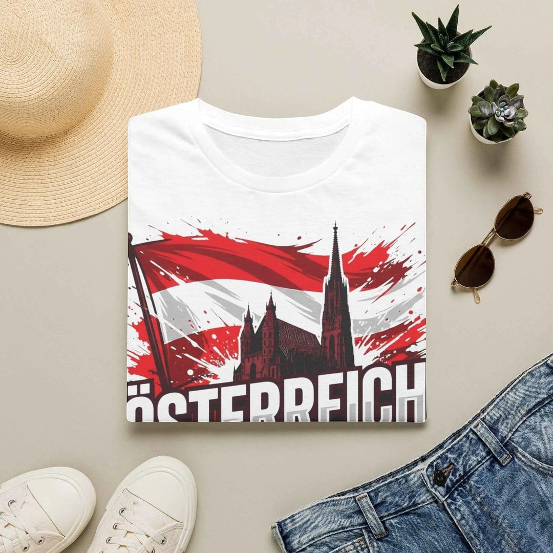 KlareAnsage Österreich T-Shirt in Weiß aus Baumwolle mit Flaggen- und Skyline-Druck für Fußballfans