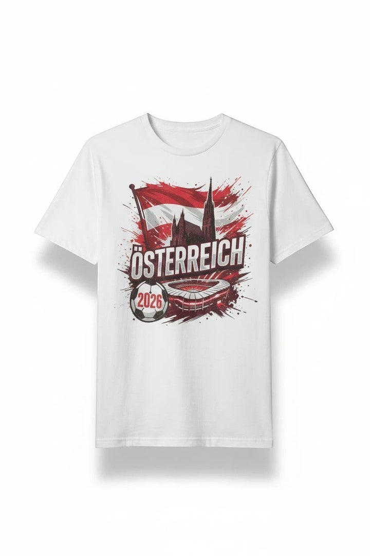 KlareAnsage Österreich Fan T-Shirt in Weiß aus Baumwolle mit Fußball-Stadion-Grafik und 2026-Aufdruck
