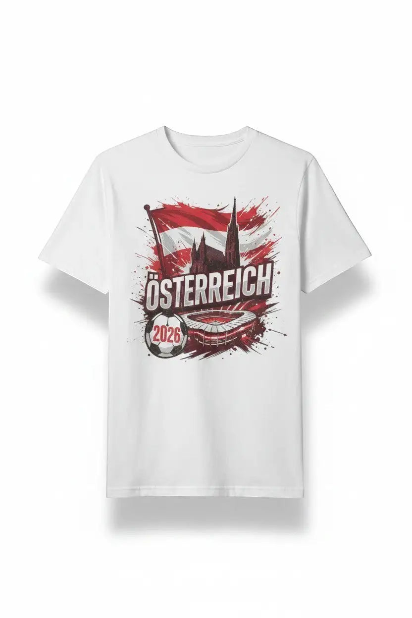 KlareAnsage Österreich Fan T-Shirt in Weiß aus Baumwolle mit Fußball-Stadion-Grafik und 2026-Aufdruck