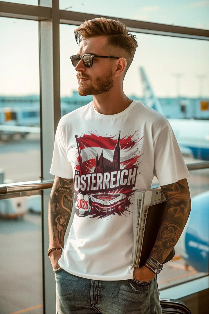 KlareAnsage Österreich T-Shirt in Weiß mit Fußball-Grafik, Flagge und Skyline-Print, getragen von einem Mann am Flughafen