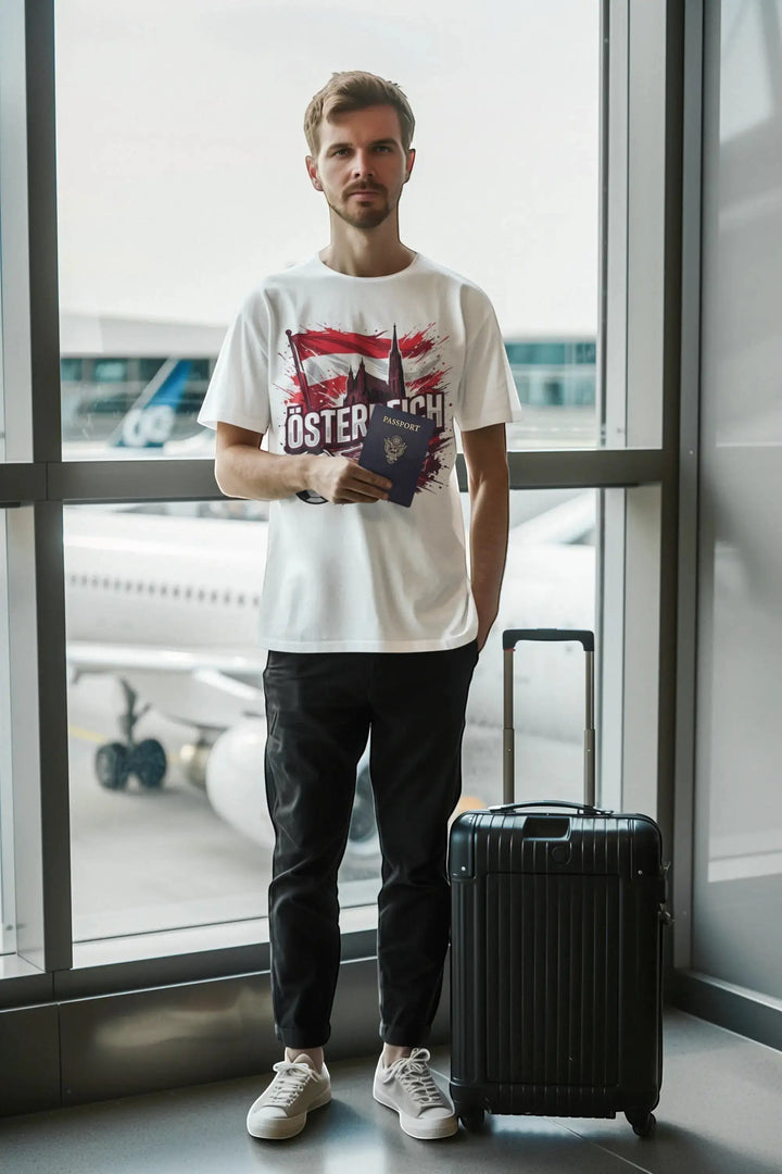 KlareAnsage Österreich T-Shirt in Weiß mit Flaggen- und Skyline-Druck, getragen von einem Mann am Flughafen.