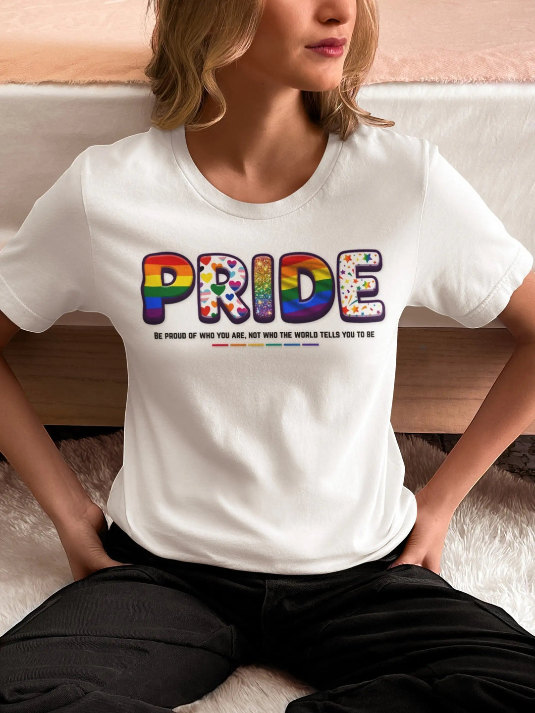 KlareAnsage Pride T-Shirt aus Baumwolle mit buntem Regenbogen-Schriftzug und Sternen-Herz-Muster