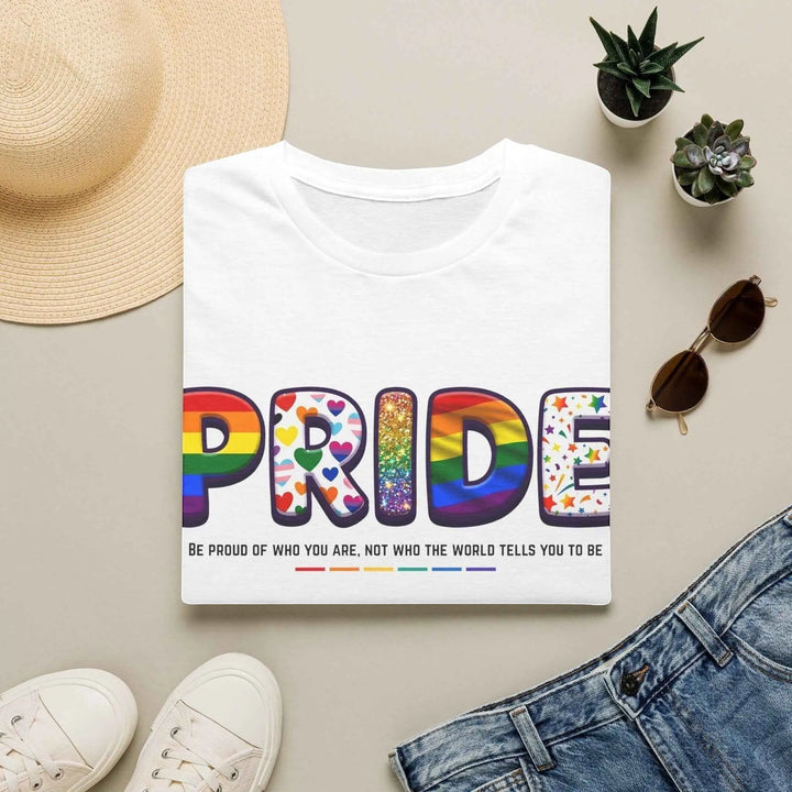 KlareAnsage Pride T-Shirt aus weißer Baumwolle mit buntem Regenbogen-Schriftzug, Herzen und Sternen im Unisex-Schnitt