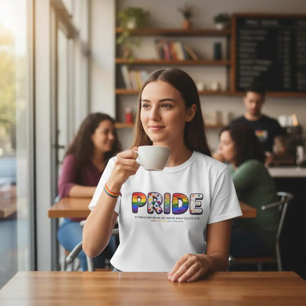 KlareAnsage Pride T-Shirt aus Baumwolle mit buntem Regenbogen-Schriftzug, getragen von einer Frau in einem Café.