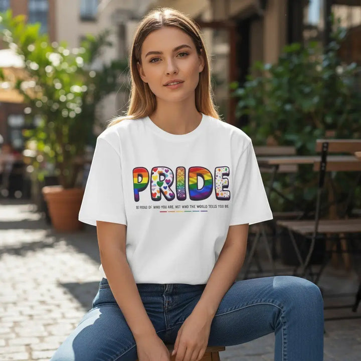 KlareAnsage Pride T-Shirt aus Baumwolle mit buntem Regenbogen-Schriftzug und Herz-Motiven an einer Frau