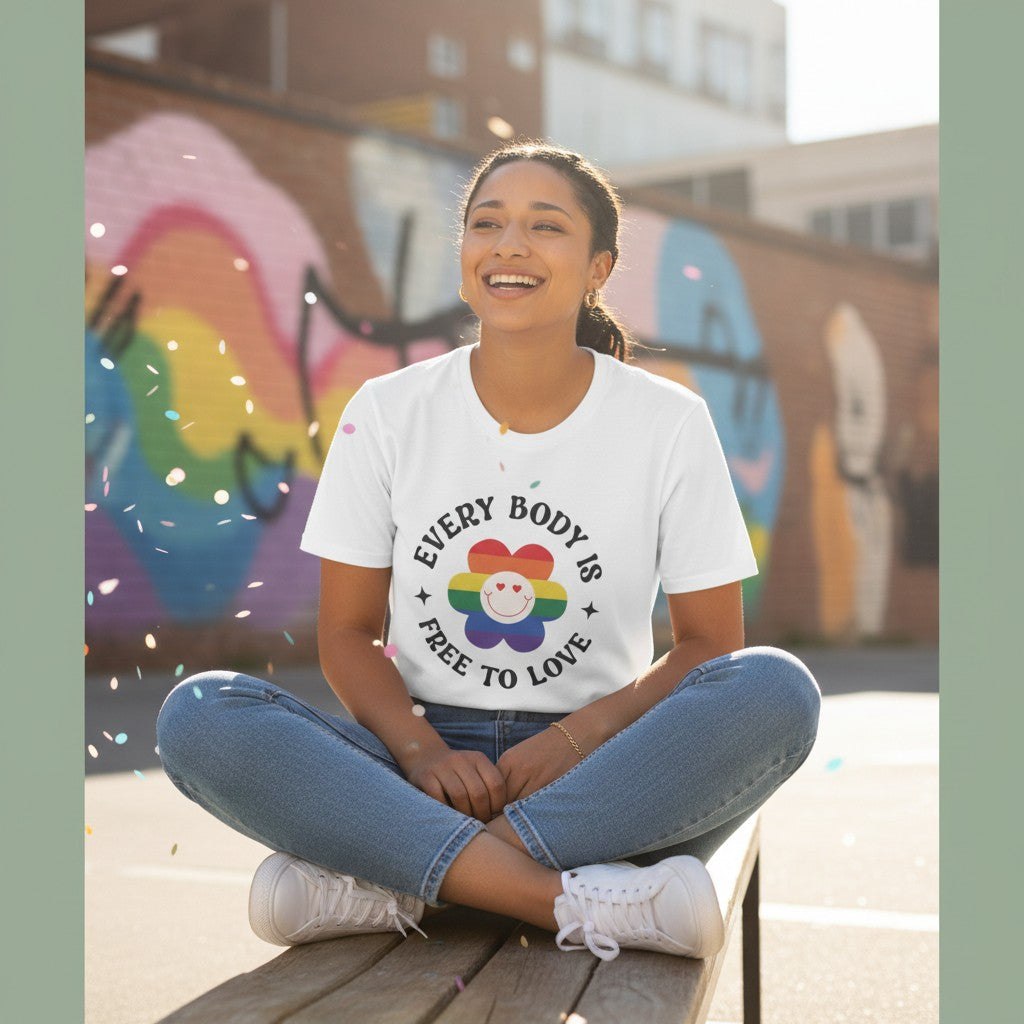 KlareAnsage T-Shirt mit Regenbogen-Blumen-Print und Schriftzug Jeder Mensch ist frei zu lieben an einer jungen Frau