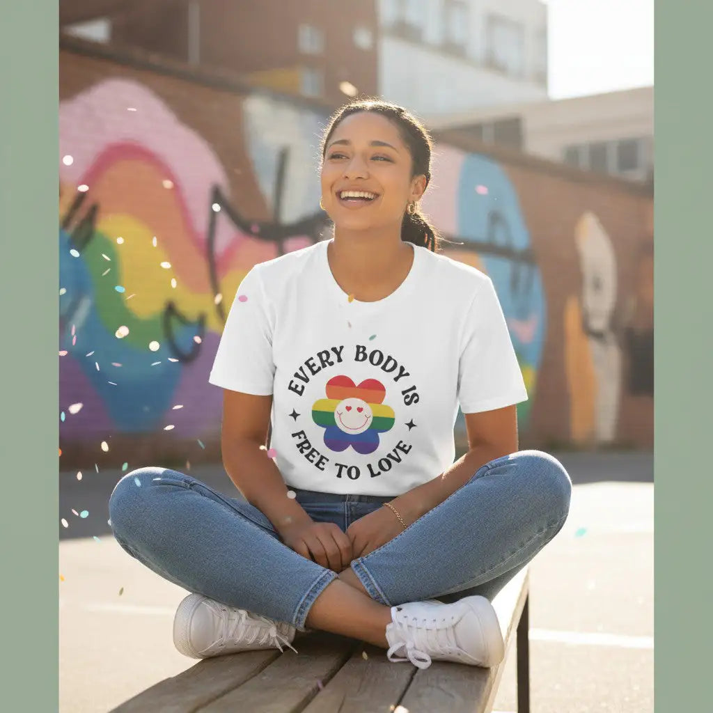 KlareAnsage T-Shirt mit Regenbogen-Blumen-Print und Schriftzug Jeder Mensch ist frei zu lieben an einer jungen Frau