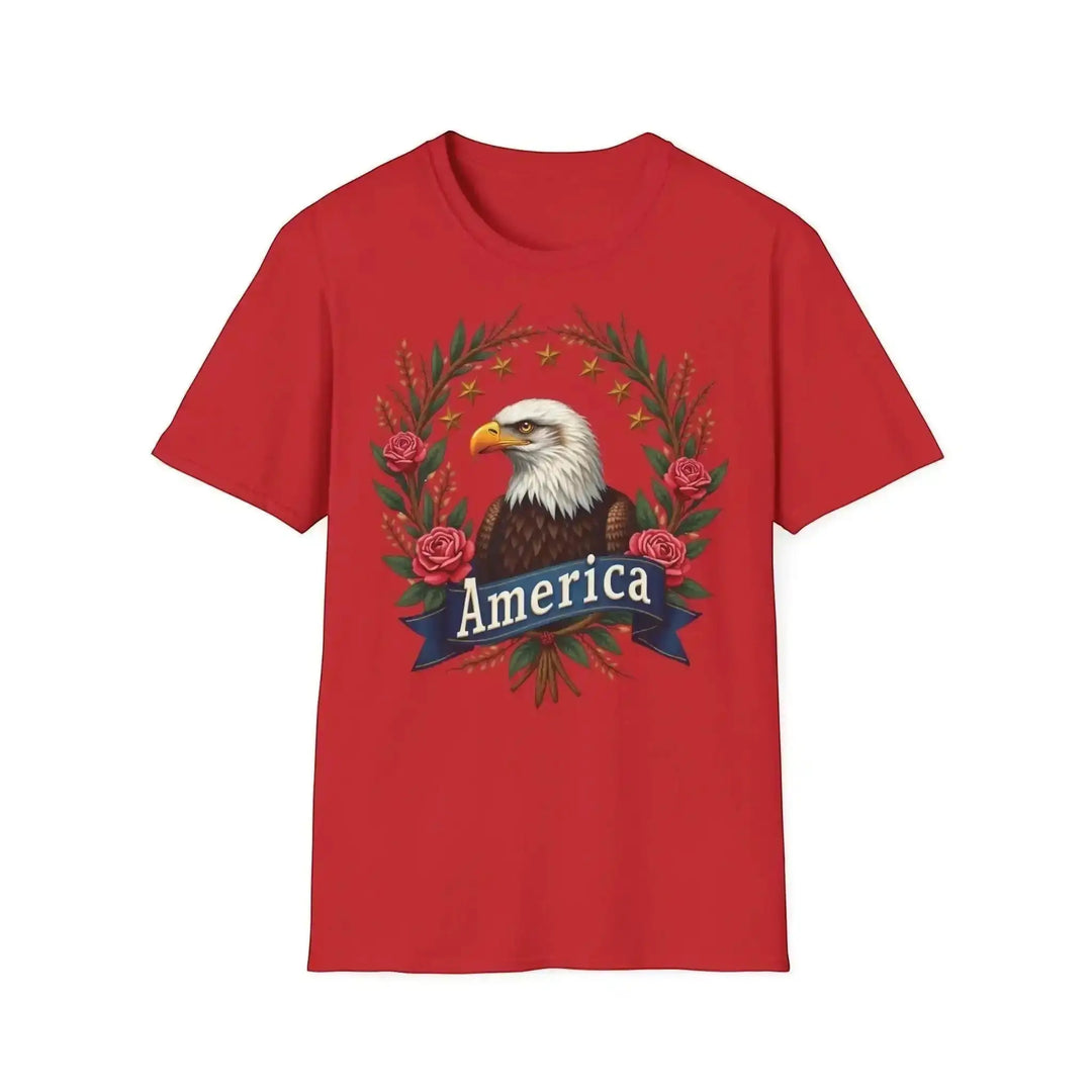 KlareAnsage rotes Baumwoll-T-Shirt mit floralem American Eagle Motiv und America Schriftzug