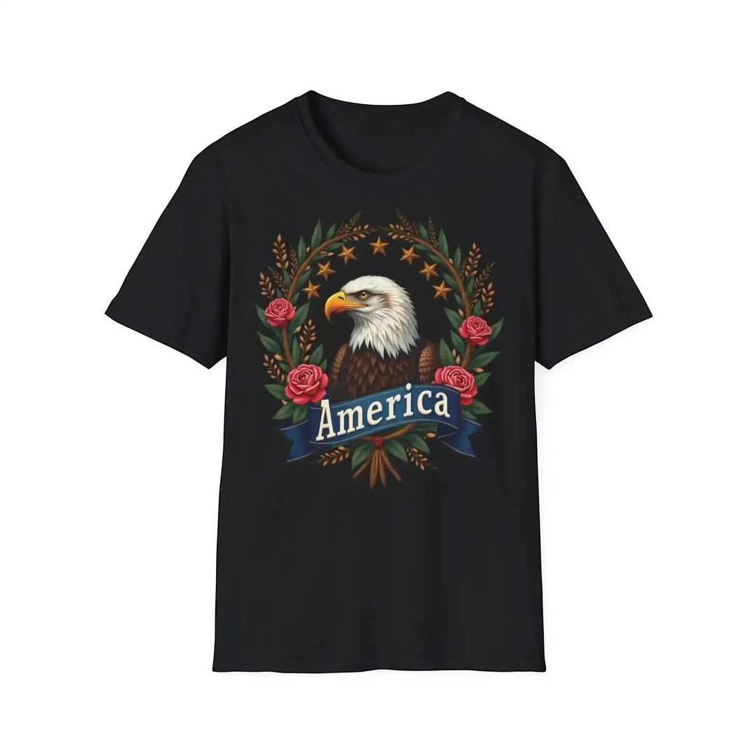 Schwarzes KlareAnsage Baumwoll-T-Shirt mit floralem American Eagle Motiv und America-Schriftzug
