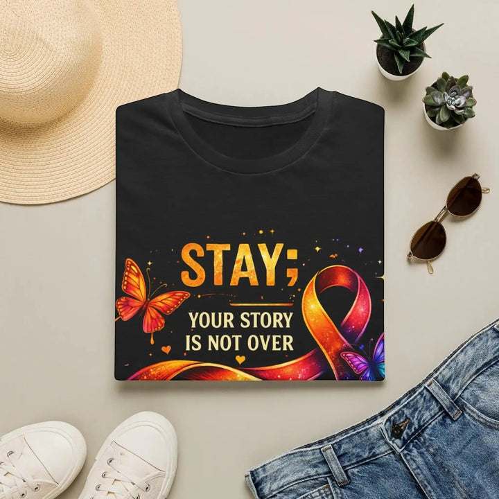 KlareAnsage schwarzes Baumwoll-T-Shirt mit buntem Schmetterlings- und Schleifen-Druck und Stay Your Story Not Over Schriftzug