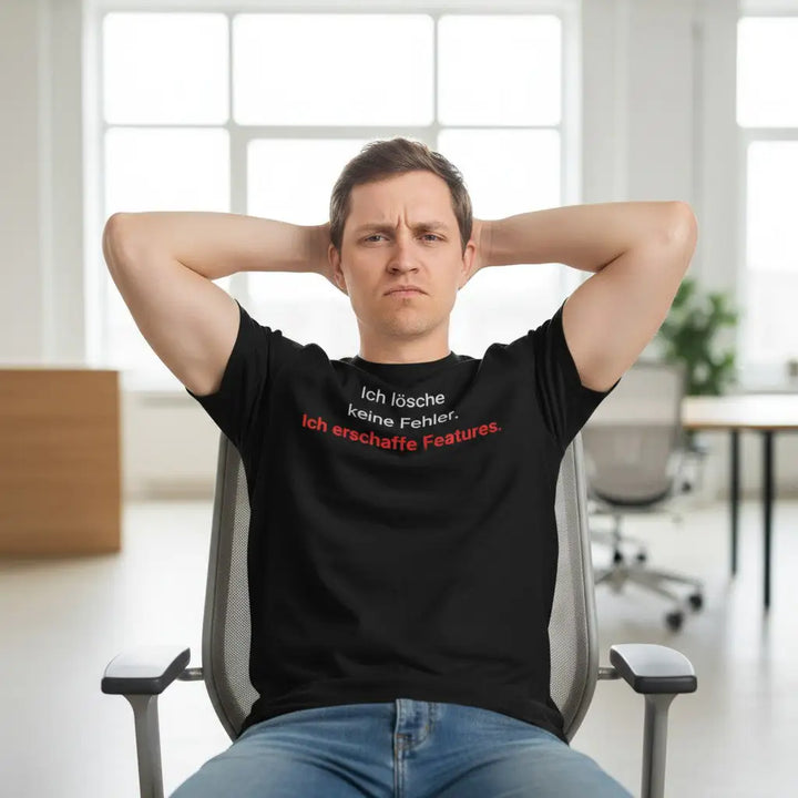 Mann sitzt im Büro mit verschränkten Armen hinter dem Kopf und trägt das schwarze Entwickler-Shirt mit dem Spruch, leicht nachdenklicher Ausdruck.