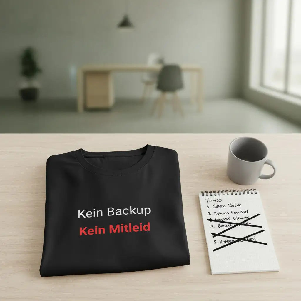 Zusammengelegtes schwarzes „Kein Backup Kein Mitleid“-T-Shirt liegt auf einem Holztisch neben Notizblock und Kaffeetasse.