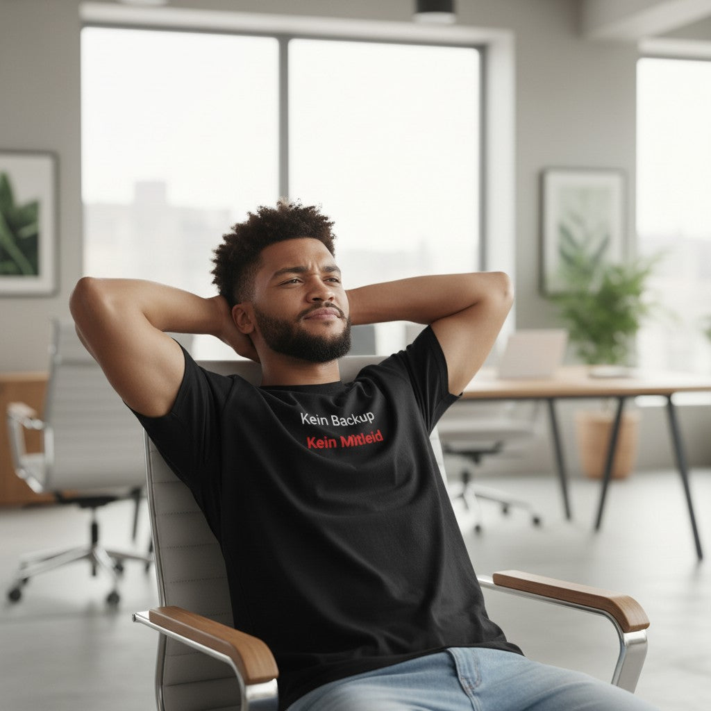 KlareAnsage schwarzes T-Shirt mit Aufdruck Kein Backup Kein Mitleid getragen von einem Mann im modernen Büro