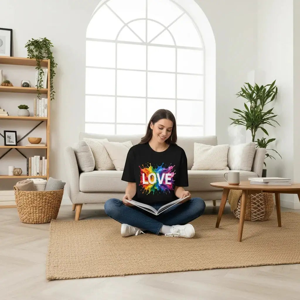 KlareAnsage schwarzes T-Shirt mit buntem LOVE-Splash-Aufdruck, getragen von einer Frau beim Lesen im Wohnzimmer.