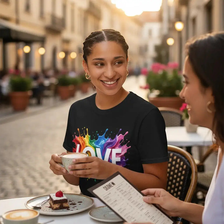 KlareAnsage schwarzes T-Shirt mit buntem LOVE-Splash-Print, getragen von einer lächelnden Frau in einem Straßencafé.