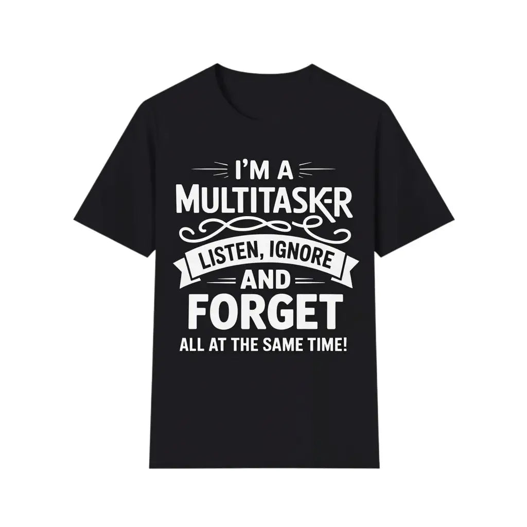 Schwarzes Multitasker-T-Shirt schwebend mit Schlagschatten vor weißem Hintergrund, Produktfoto.