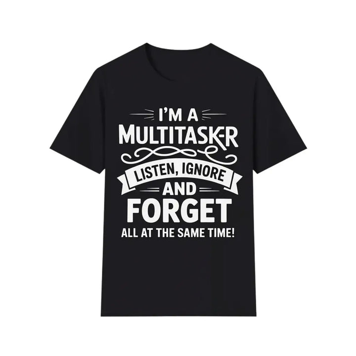 Schwarzes Multitasker-T-Shirt schwebend mit Schlagschatten vor weißem Hintergrund, Produktfoto.