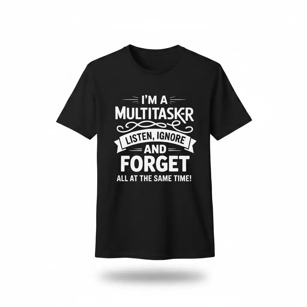 Schwarzes Multitasker-T-Shirt als Flatlay-Nahaufnahme mit vollständig lesbarem Spruchdruck vor weißem Hintergrund.