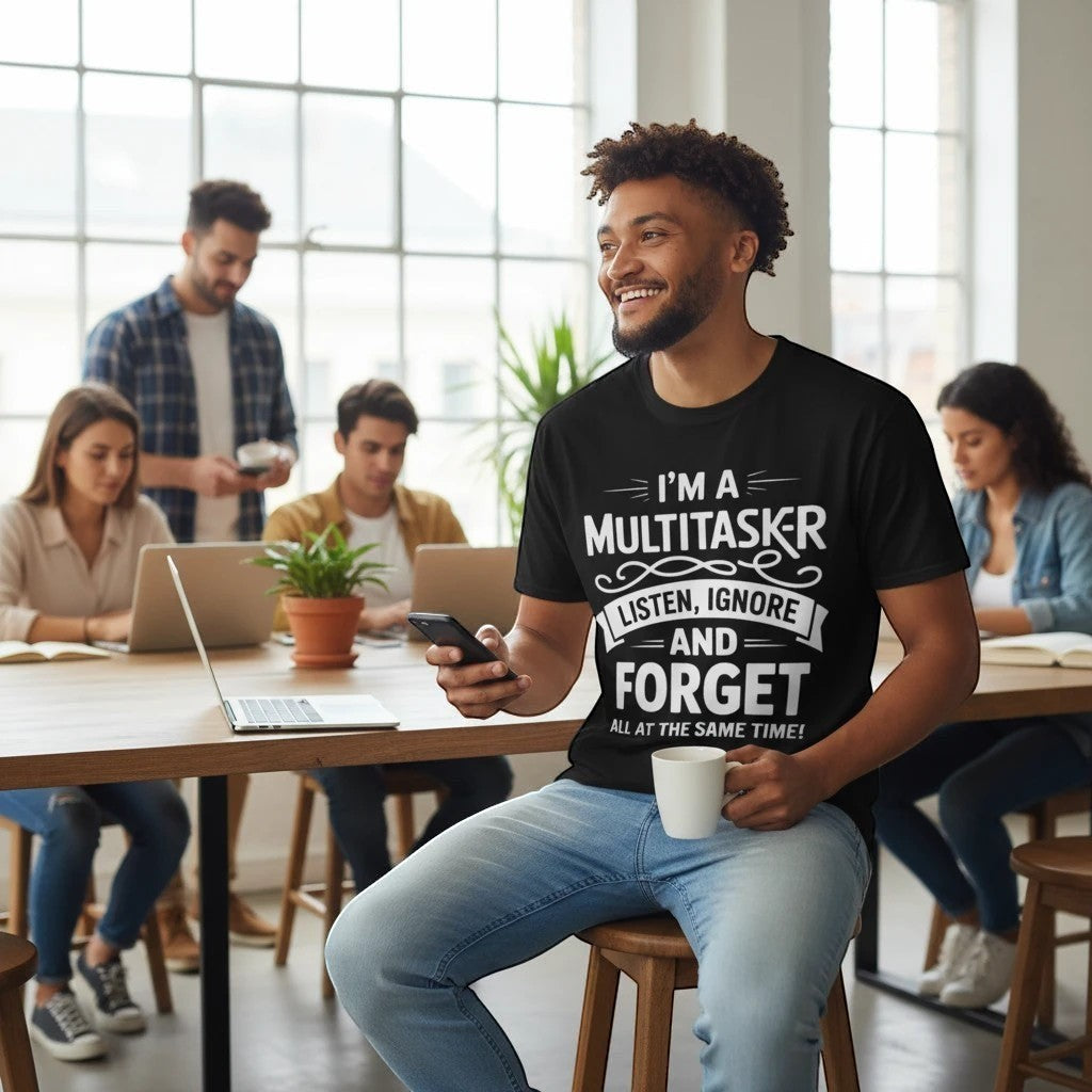 KlareAnsage T-Shirt in Schwarz mit weißem Multitasker-Spruch, getragen von einem lächelnden Mann im Büro.