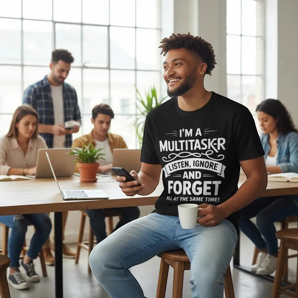 Lächelnder Mann sitzt mit Kaffeetasse und Smartphone in einem Café-Büro, im Hintergrund Kollegen an Laptops, trägt schwarzes T-Shirt mit Aufdruck „I'm a Multitasker – Listen, Ignore and Forget all at the same time!“.