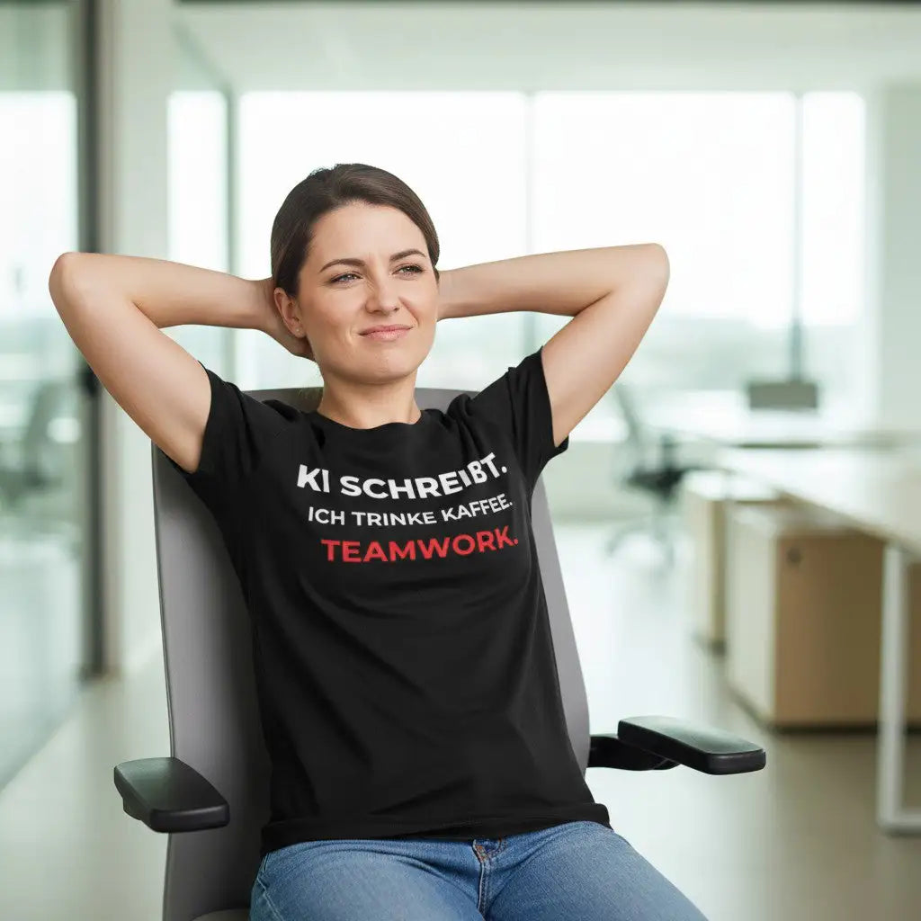Frau lehnt entspannt im Bürostuhl zurück, Hände hinter dem Kopf, trägt schwarzes Shirt mit Aufdruck „KI schreibt. Ich trinke Kaffee. Teamwork.“
