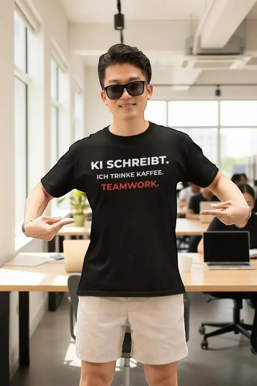 Mann mit Sonnenbrille zeigt im Büro auf sein schwarzes T-Shirt mit dem Spruch „KI schreibt. Ich trinke Kaffee. Teamwork.“