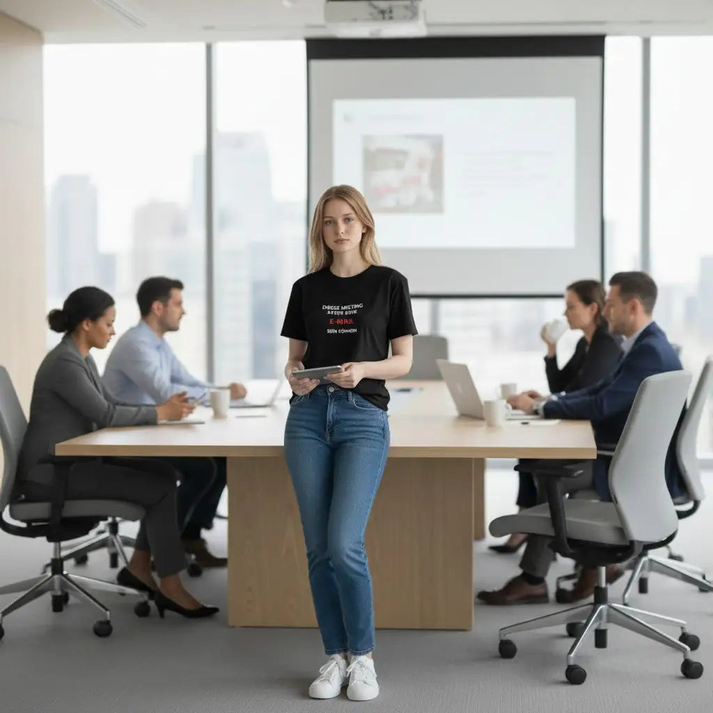 KlareAnsage T-Shirt mit Aufdruck Dieses Meeting hätte eine E-Mail sein können, getragen von Frau im Konferenzraum
