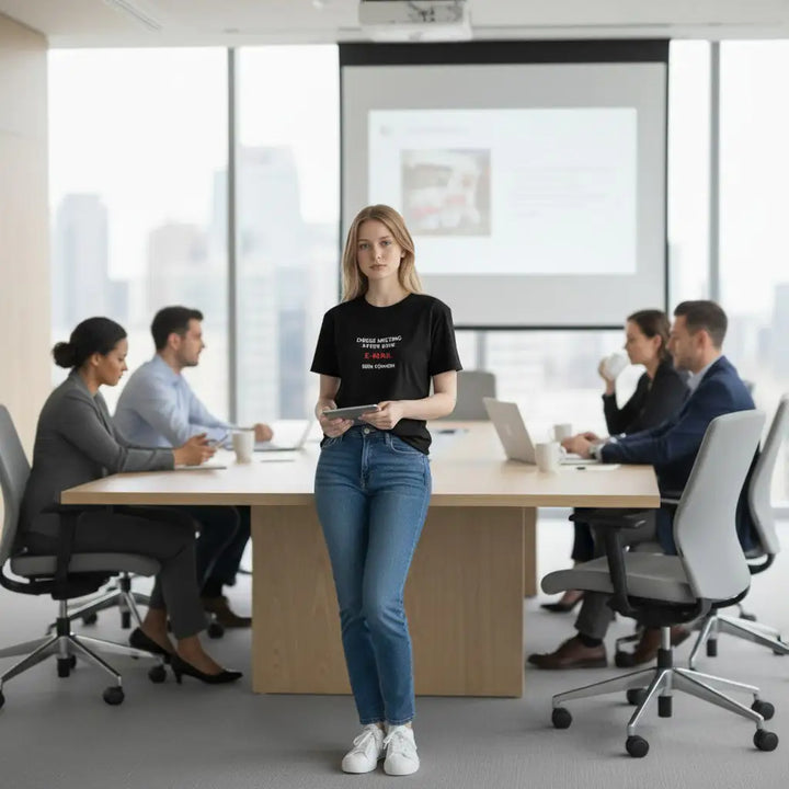 KlareAnsage T-Shirt mit Aufdruck Dieses Meeting hätte eine E-Mail sein können, getragen von Frau im Konferenzraum