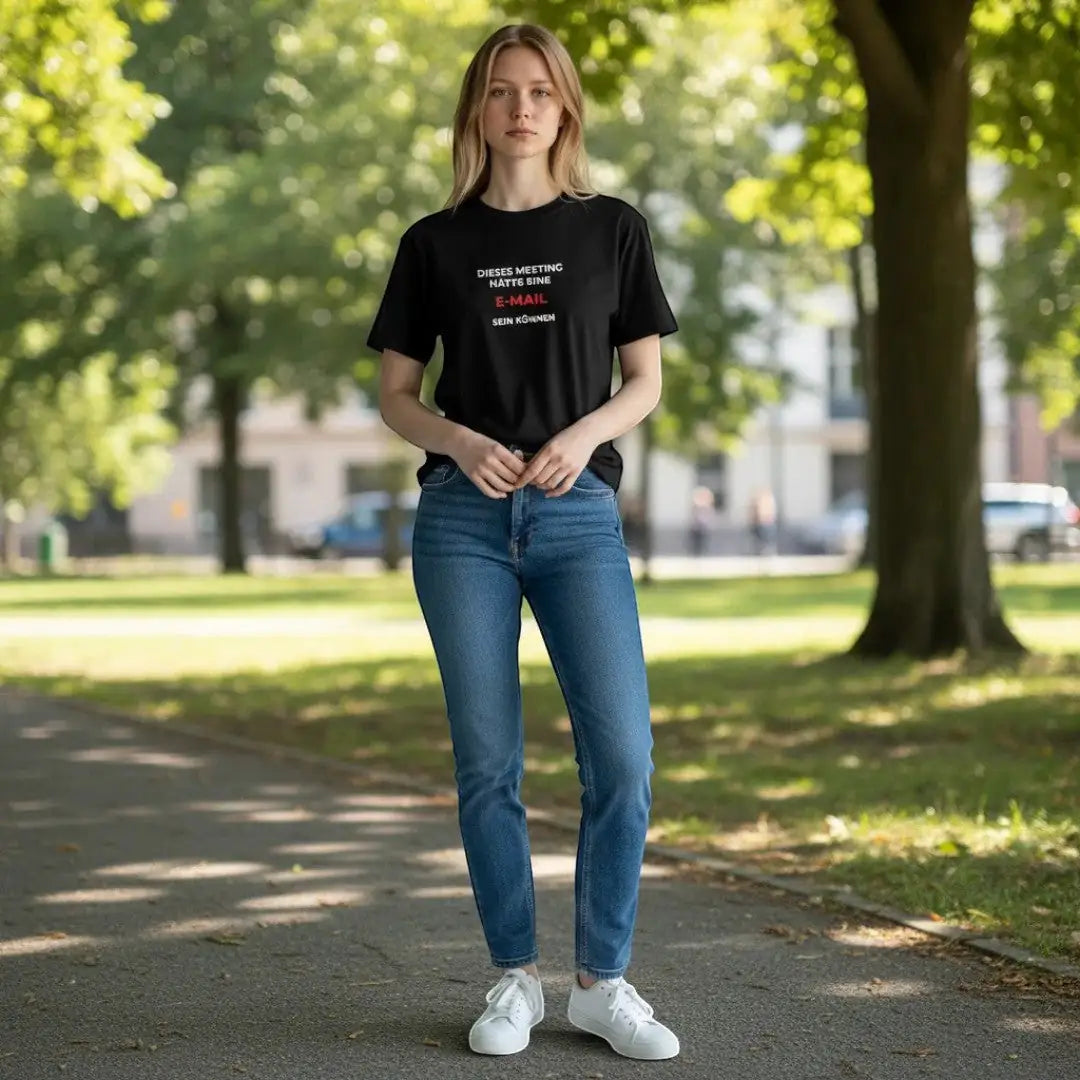 KlareAnsage T-Shirt in Schwarz mit weißem Aufdruck Dieses Meeting hätte eine E-Mail sein können, getragen im Park.