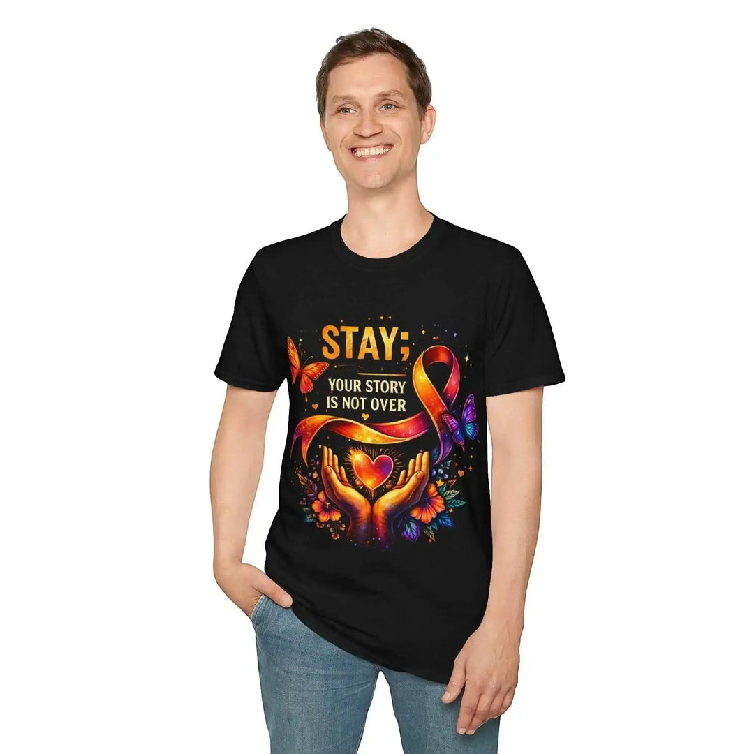 KlareAnsage schwarzes Baumwoll-T-Shirt mit buntem Your Story Is Not Over Aufdruck und Schmetterlingsmotiv