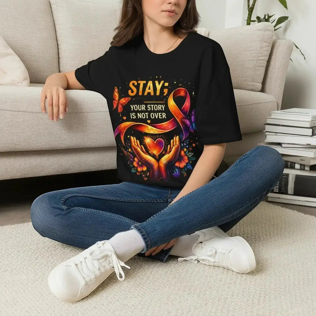 KlareAnsage schwarzes Baumwoll-T-Shirt mit buntem Your Story Is Not Over Aufdruck, getragen von einer Frau auf dem Sofa