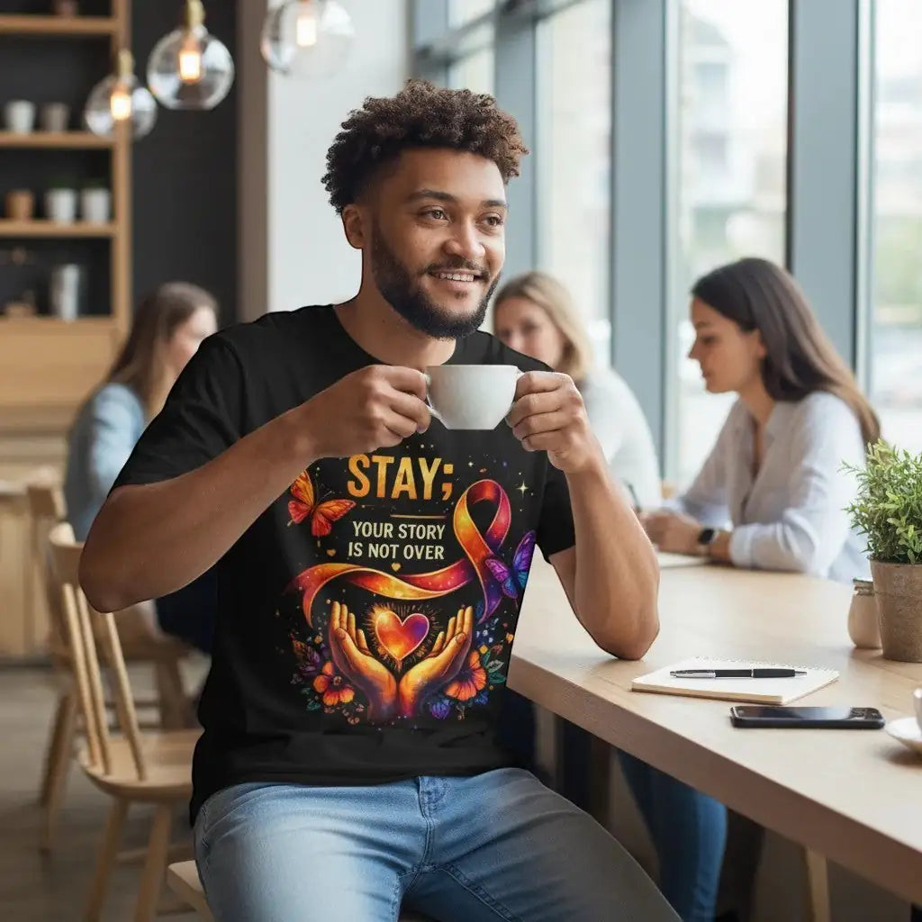 KlareAnsage T-Shirt in Schwarz mit Your Story Is Not Over Aufdruck, Herz, Schleife und Schmetterlingen in bunten Farben