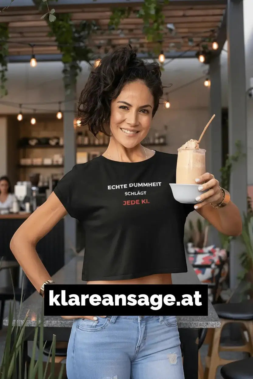 Frau trägt ein schwarzes KlareAnsage Unisex-Shirt mit dem Aufdruck Echte Dummheit schlägt jede KI in einem Café.