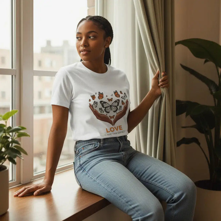 KlareAnsage T-Shirt aus Baumwolle in Weiss mit Schmetterling-Herz-Motiv, getragen von einer Frau am Fenster.