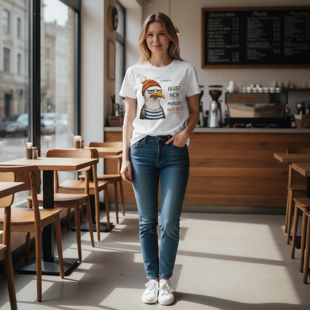 Frau trägt ein weißes KlareAnsage T-Shirt mit lustigem Möwen-Print und Spruch in einem gemütlichen Café.