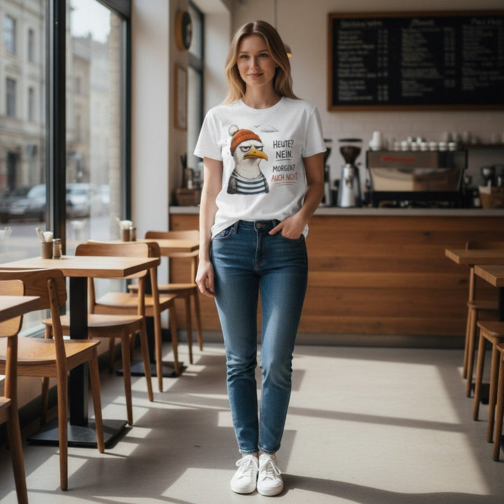 Frau trägt ein weißes KlareAnsage T-Shirt mit lustigem Möwen-Print und Spruch in einem gemütlichen Café.